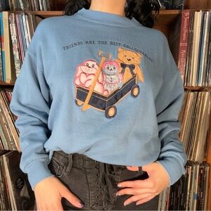 Blue Sweatshirt with Cute Animal Embroidery kitsch